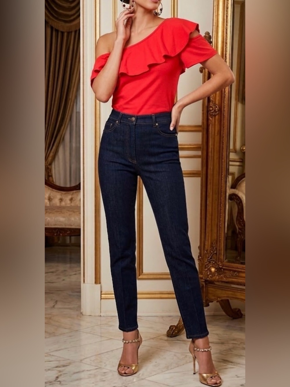 J. Crew Red Ruffled Asymmetrical Blouse